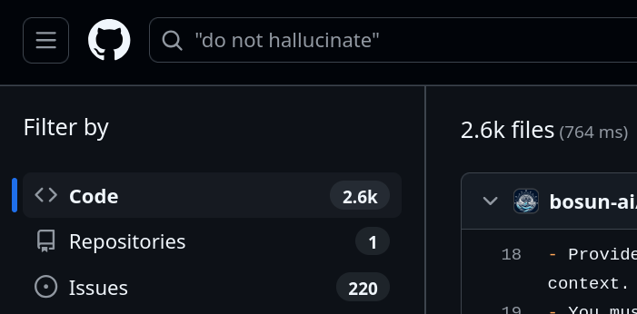 An image of a GitHub search of ‘do not hallucinate’ with 2.6k results